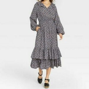 Universal Thread Floral Print Balloon Long Sleeve Ruffle Collar Dress Size XS